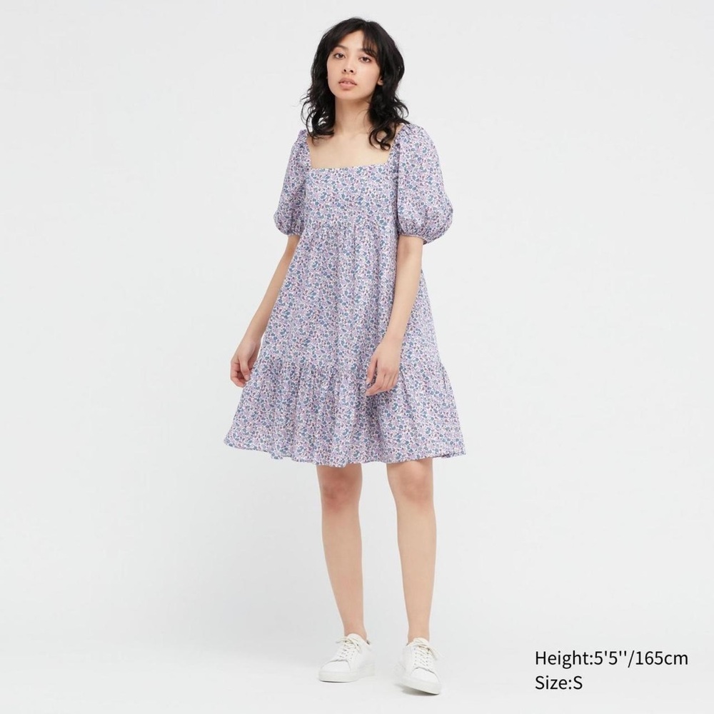 Uniqlo Printed Cotton Square Neck Short-Sleeve Mini Floral Dress